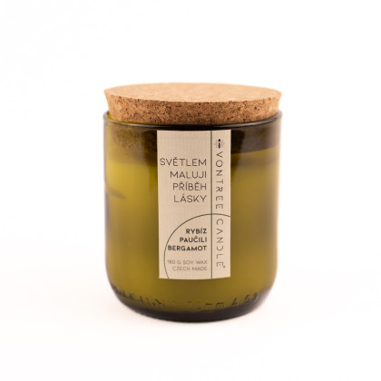 Svíčka RYBÍZ, PAČULI, BERGAMOT v zachráněné lahvi